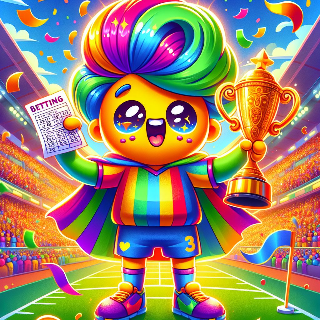AK33 Bet cartoon character celebrating a sports win with a trophy