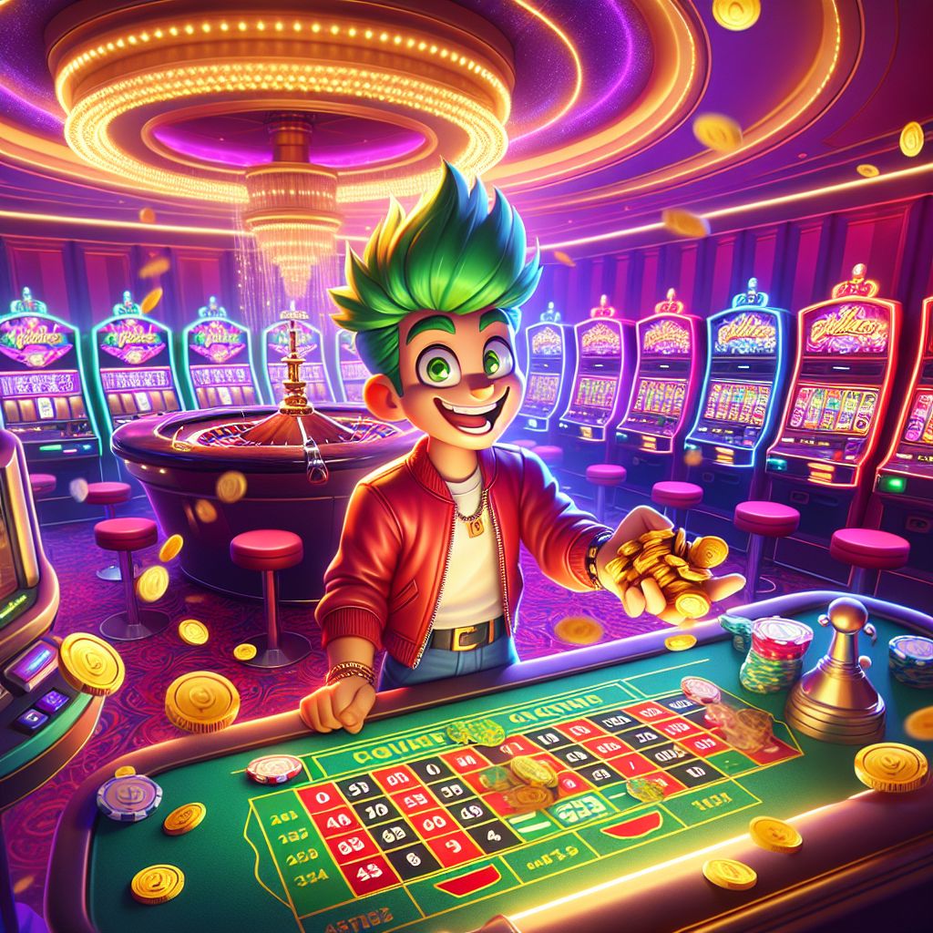 AK33 Casino cartoon characters playing roulette and slots