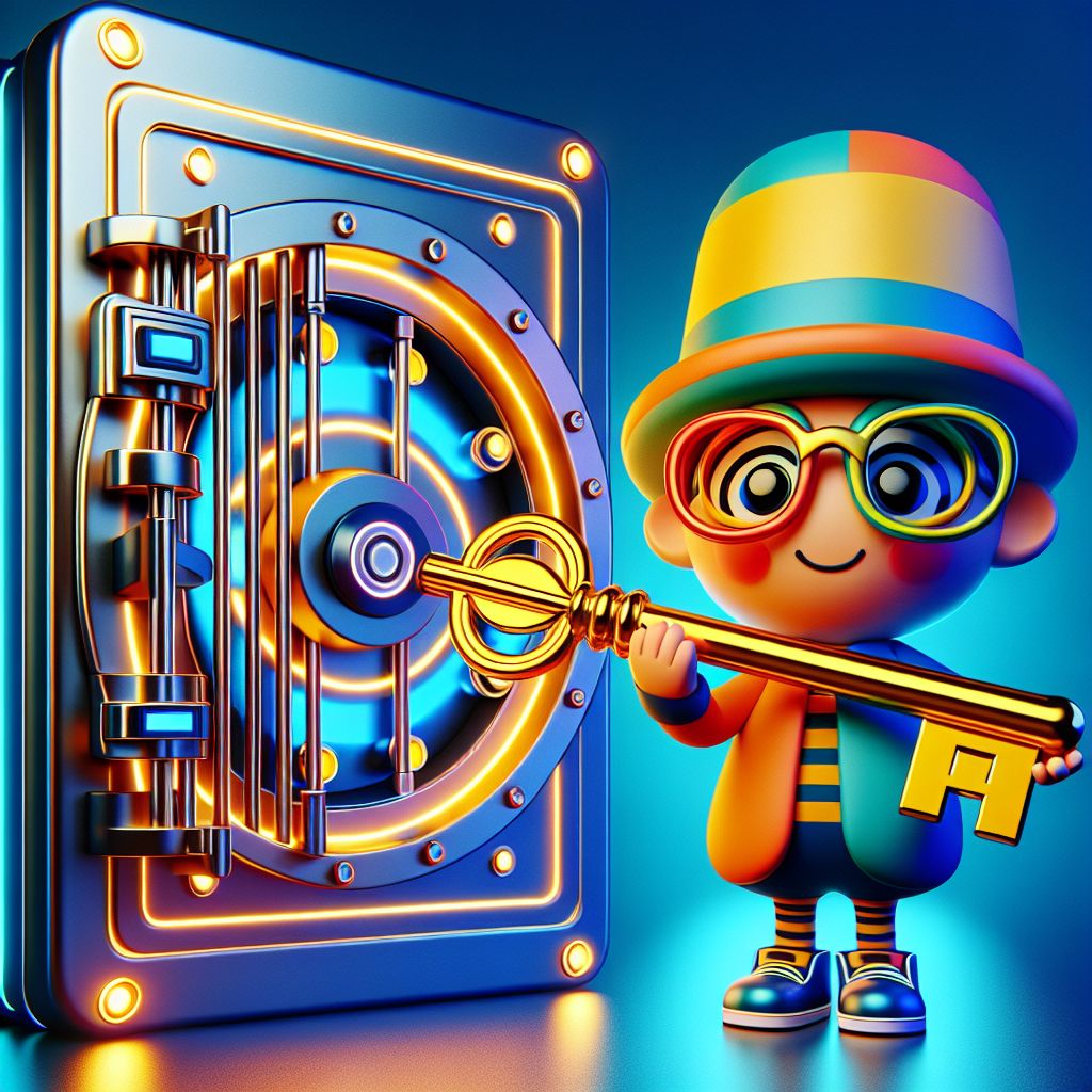 AK33 login screen with a secure vault and a cartoon character holding a golden key